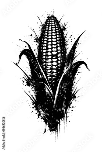 A black and white illustration of an ear of corn with leaves and paint splatters on a white background, symbolizing harvest and agriculture.