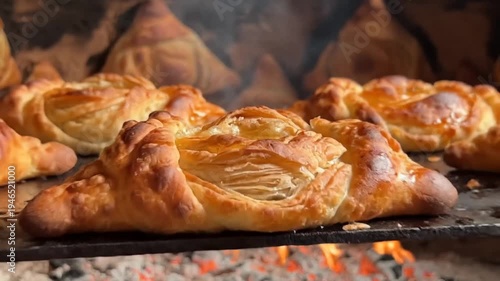 Golden Triangular Pastries Baked in Traditional Tandoor Oven with Flames