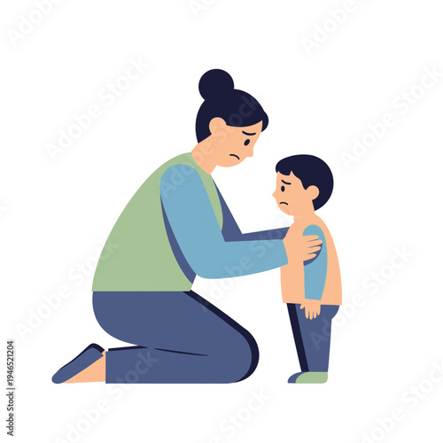 Mother comforting sad child, expressing empathy and care, family support concept
