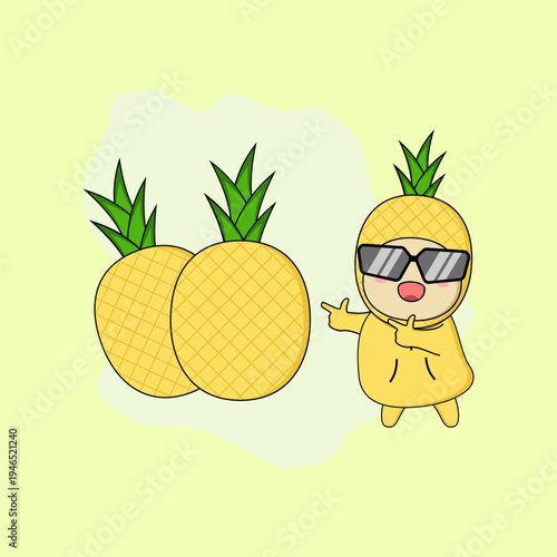 a cute character wearing a pineapple costume cartoon mascot. Vector Illustration. EPS 10.