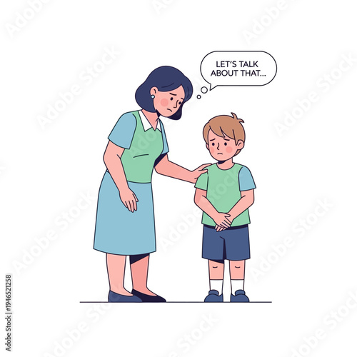 Mother comforting sad son, conversation bubble says 'Let's talk about that'