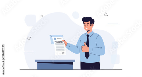Happy businessman showing promotion letter and giving thumbs up, business success concept
