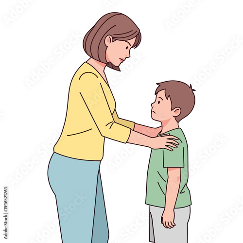 Mother comforting son, gentle conversation, support and understanding, family bond