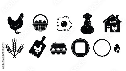 Black silhouettes of farm and chicken icons on white background including a chicken, eggs, farm house, wheat, cutting board, and labels.
