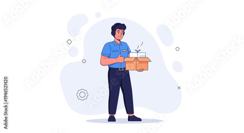 Delivery man holding package, giving thumbs up, happy and satisfied with service