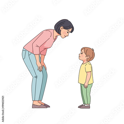 Mother talking to child, bonding, family conversation, parenting, white background