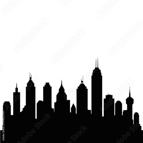 Urban City Skyline Silhouette with Skyscrapers and High-Rise Buildings