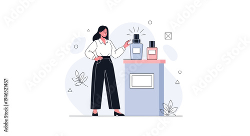 Woman presenting perfume bottles on a display stand, illustration