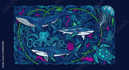 Underwater shark coral reef ocean marine life illustration