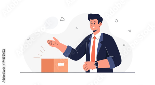 Businessman opening a gift box, surprise and success concept, modern illustration