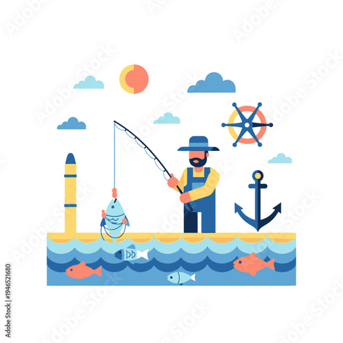 Fisherman catching fish with rod and reel, nautical elements, flat design illustration