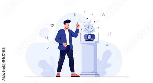 Man presenting projector on pedestal, confetti and abstract shapes, modern flat illustration
