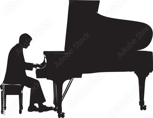 A man playing a grand piano in a silhouette