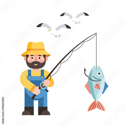 Fisherman with hat and overalls catches a fish, seagulls fly above, vector illustration