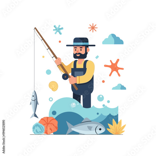 Fisherman with hat catching fish in the sea, flat illustration style
