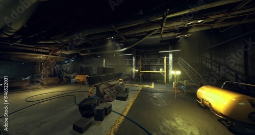 industrial workshop bay with heavy machinery, scattered tools, overhead lights, cluttered workstations, oil stains on concrete, welding rig and crates, active