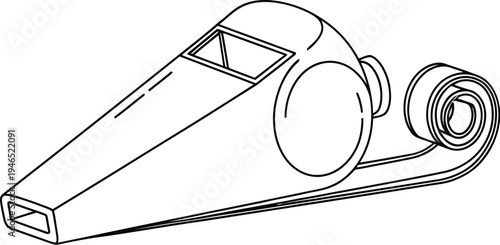 Detailed line drawing of a classic referee whistle with a lanyard