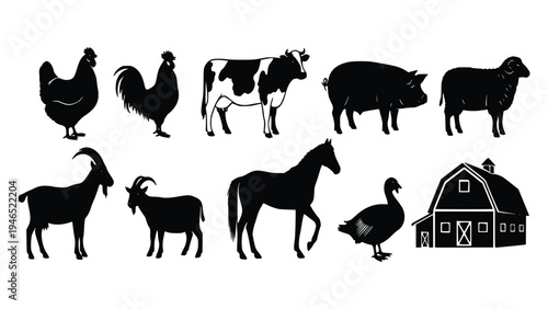Black silhouettes of various farm animals and a barn on white background including chicken rooster cow pig sheep goat lamb horse and goose
