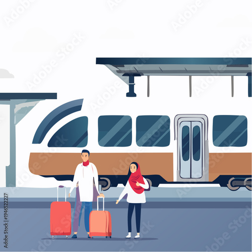 Modern Railway Station Mudik Homecoming Scene Illustration