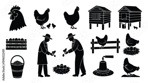 Black silhouette illustrations of chickens and farm workers collecting eggs