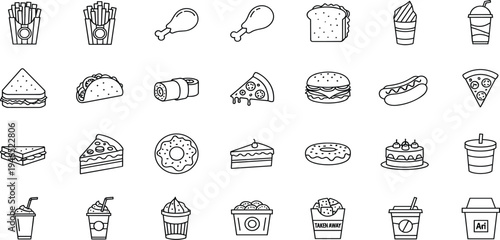 Fast Food Line Icon Set with Burger, Pizza, Fries, Donut, Coffee, Sandwich, Taco, Ice Cream, and Takeaway Drink Symbols for Restaurant and Menu Design
