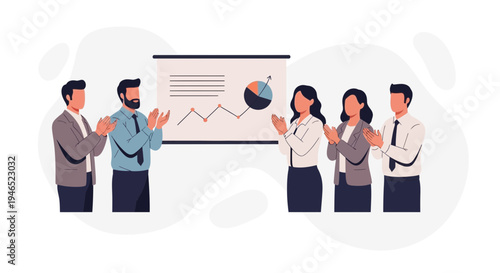 Business team applauding during presentation with charts on screen
