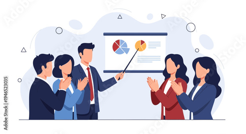 Business meeting presentation with charts and clapping colleagues, successful teamwork concept