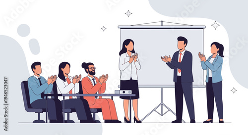 Business meeting applause for successful presentation, team celebrating achievement