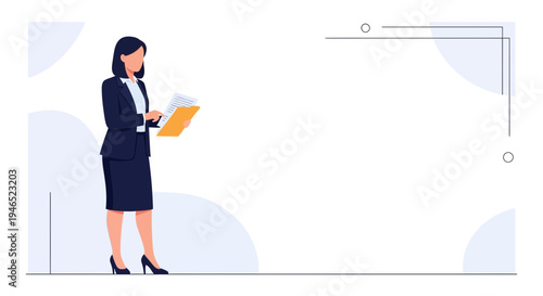 Businesswoman holding documents, professional female executive in suit, modern office background