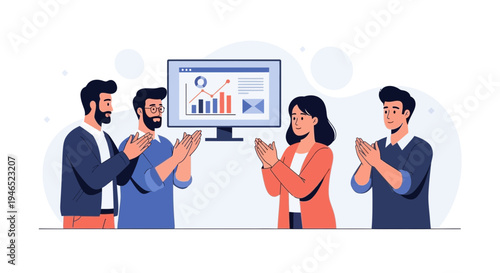 Business Team Applauding Success in Meeting with Financial Chart on Screen