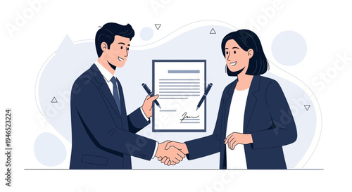 Business partners shaking hands over signed contract, agreement and partnership concept