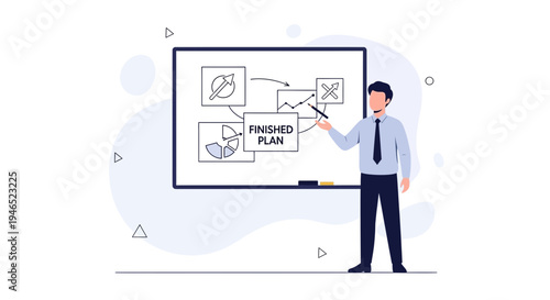 Businessman presenting a finished plan on a whiteboard with charts and icons