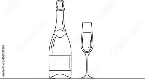 A bottle of champagne and a glass of champagne are shown side by side illustration