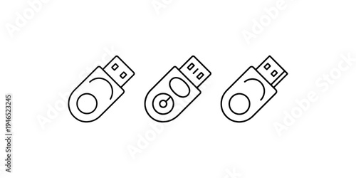 Usb flash drive icon collection showing portable storage device variants for data transfer memory management and hardware connection in line art style vector