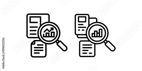 Collection of two magnifying glass icons over documents showing bar graphs, representing data analysis, business research, financial reports, and information review
