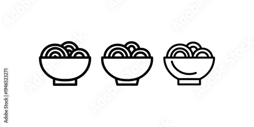 Bowl of noodles icon, three variations of the same food symbol with different noodle arrangements