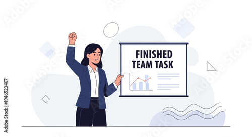 Successful businesswoman celebrating finished team task with presentation