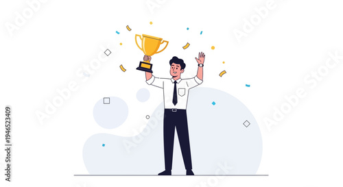 Man holding trophy with confetti, celebrating success and achievement