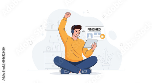 Man celebrating finishing task on tablet with headphones, online learning success