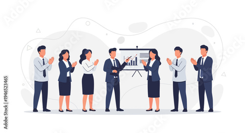 Business team applauding successful presentation at whiteboard, meeting success