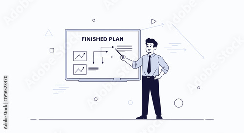 Businessman presenting a finished plan with charts on a whiteboard
