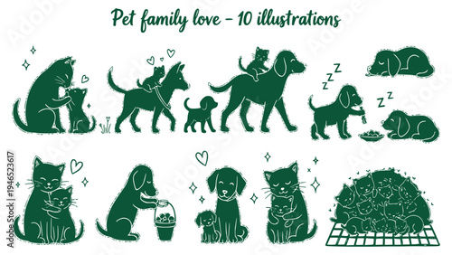 green and white pet illustrations showing cats and dogs in loving and playful moments together as a family