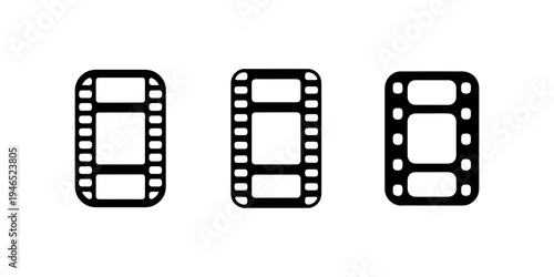 Set of film strip icons isolated on white background depicting cinema frames in various styles including classic motion picture strip and media video reels