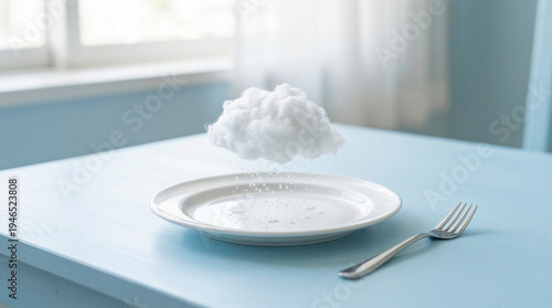 A surreal scene of a tiny fluffy cloud raining droplets onto an empty white plate. A silver fork rests on the pastel blue table in a bright, airy room.