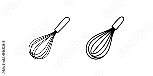 Kitchen whisk icons in different line styles showing wire balloon whisks for cooking and baking preparation isolated on transparent or white backgrounds