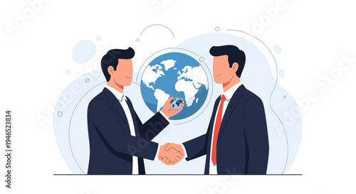 Businessmen shaking hands with globe in background, global business partnership concept