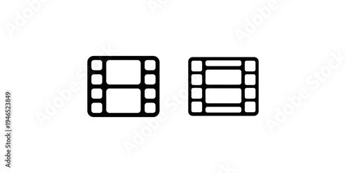 Film reel icon set representing cinematography and video production, with distinct frame layouts for media and entertainment concepts