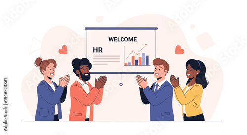 Diverse HR team applauds presentation with welcome message and charts