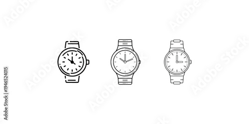 Wrist watch vector icon set, classic analog watch line art illustrations in various styles, timeless design for telling time on hand