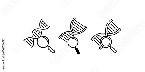 DNA with magnifying glass icon vector illustration, human genome research concept line art sign, genetic engineering symbol for web and app